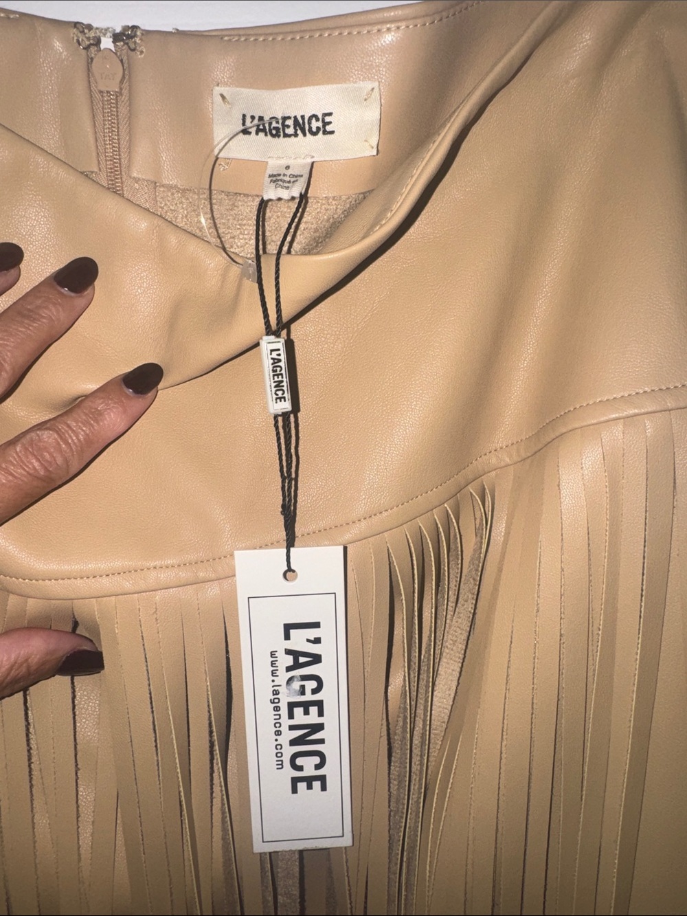 L'AGENCE Tan Faux Leather Fringe Midi Skirt - Picture 11 of 12